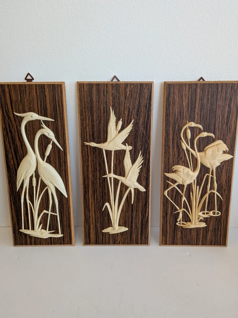 Vintage Bakelite carved Water Fowl on wood Wall Plaques  Set Of 3 Heron Geese